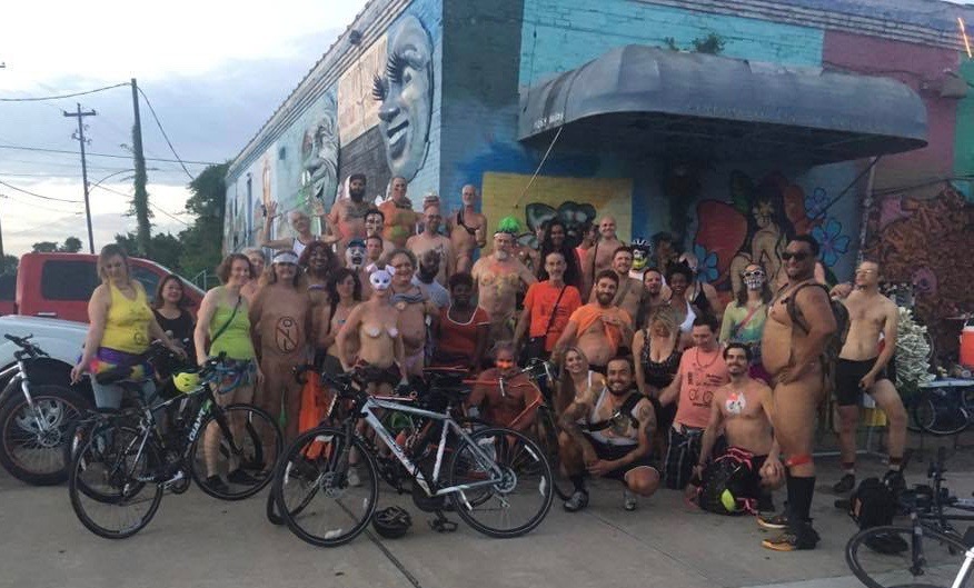 Group photo at the start of the 2018 World Naked Bike Ride, Houston, at Super Happy Fun Land