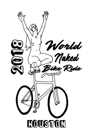 2018 WNBR Houston t-shirt design, with a very liberated nude female figure riding a fixie-looking bike while standing (well, squatting) on the saddle.