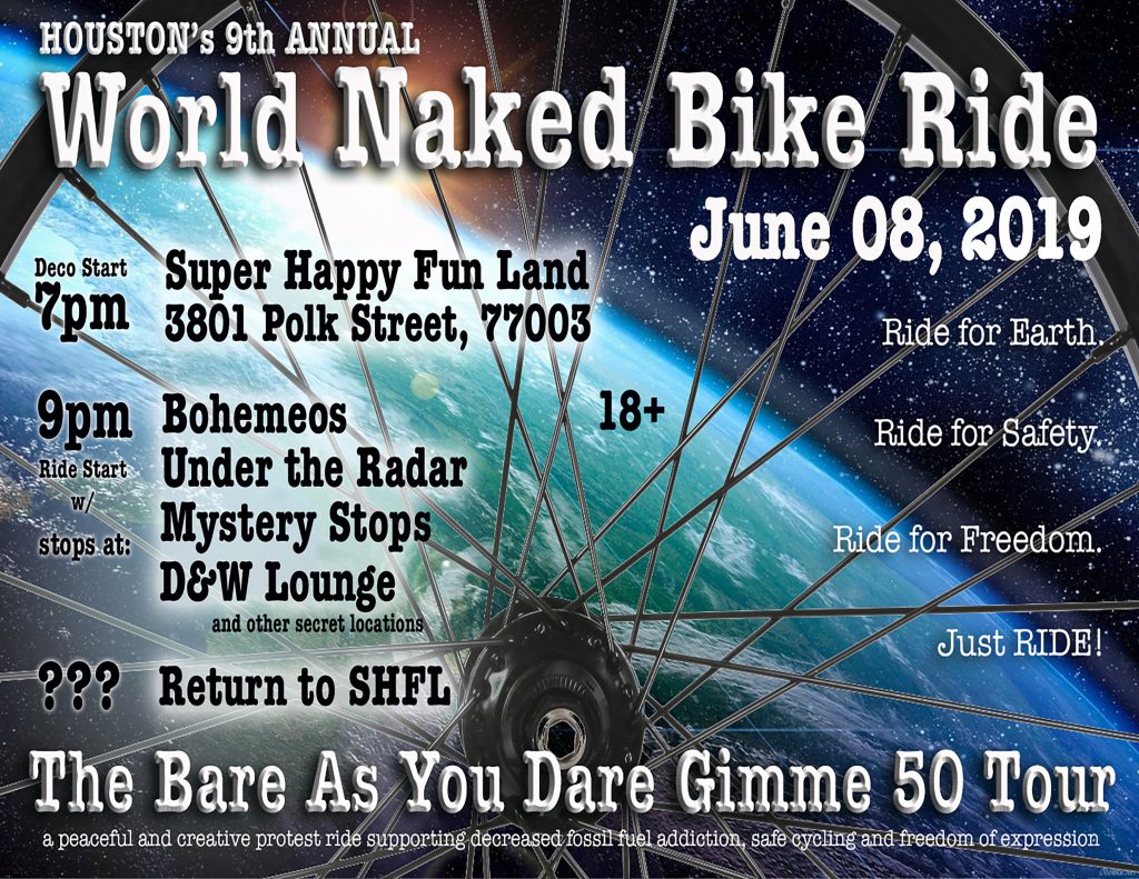 Promotional flyer WNBR Houston 2019, with earth viewed from space through the spokes of a bicycle wheel.