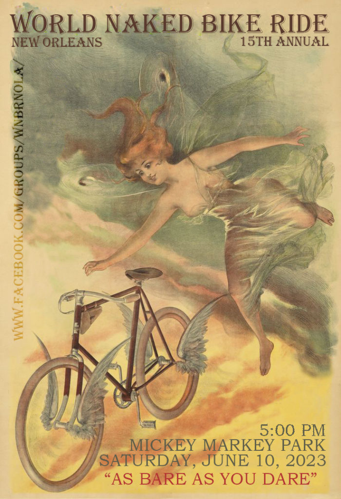 poster for New Orleans Naked Bike Ride, 10 June 2023, 5 pm at Mickey Markey Park, with a red-haired Impressionist angel in a diaphanous dress descending toward a bicycle with wings on its hubs