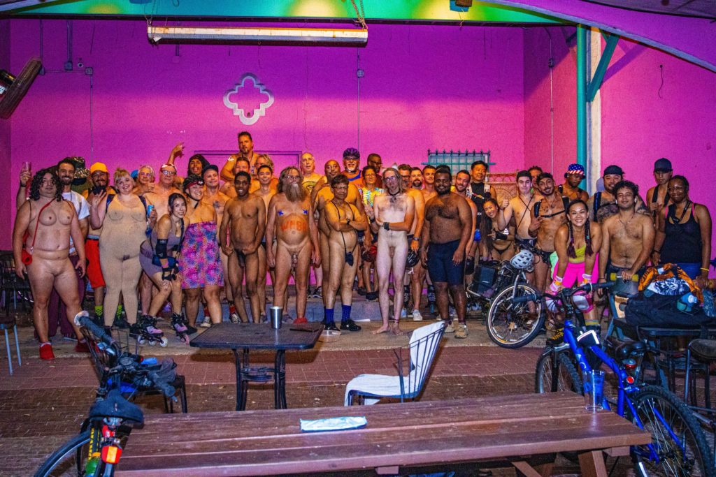 Participants in the 2023 Houston World Naked Bike Ride, quite a few of them actually naked