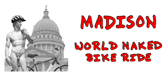 Graphic for Madison Wisconsin's World Naked Bike Ride group, featuring Michelangelo's "David" wearing a bicycle helmet, his bike, and the Madison capitol dome.