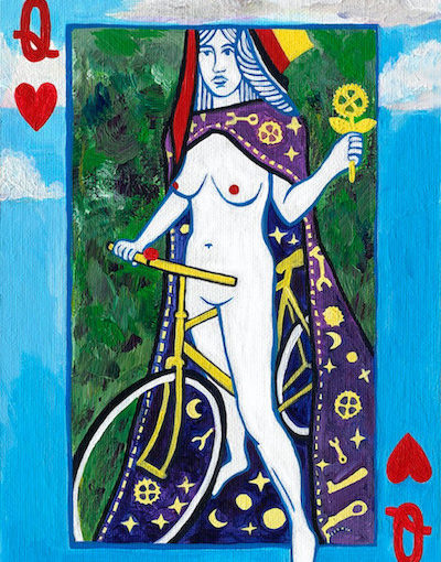 Anna Hazel's painting of the Queen of Hearts as a nude cyclist, holding a flower shaped like a sprocket in her left hand.